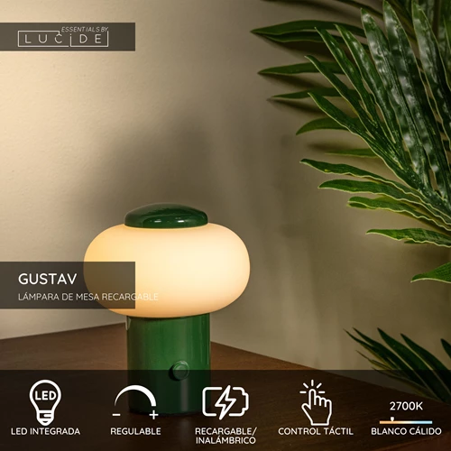 Lucide GUSTAV - Lámpara de mesa Recargable - Batería/acumulador - Ø 8 cm - LED Regul. - 1x0,8W 2700K - Verde | Essential - USP